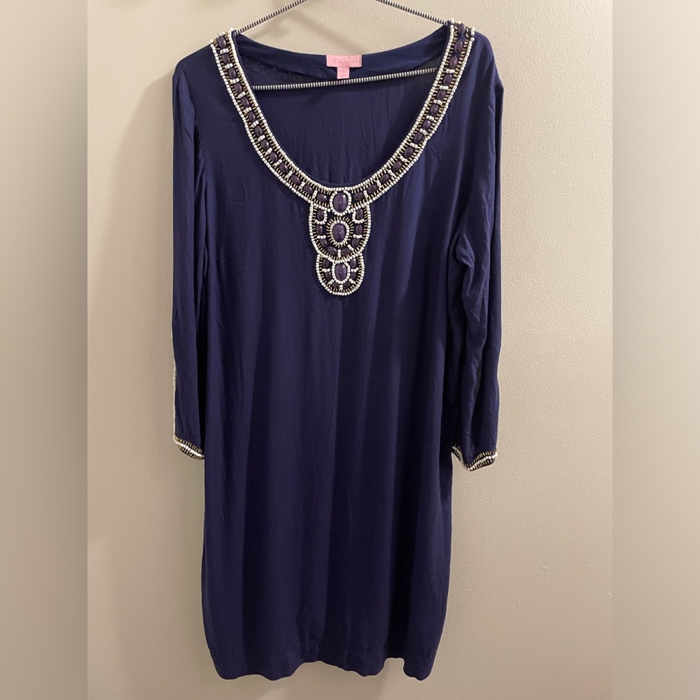 Lilly Pulitzer Navy Long Sleeve Dress Coverup with pearl and gold Beaded Accents
